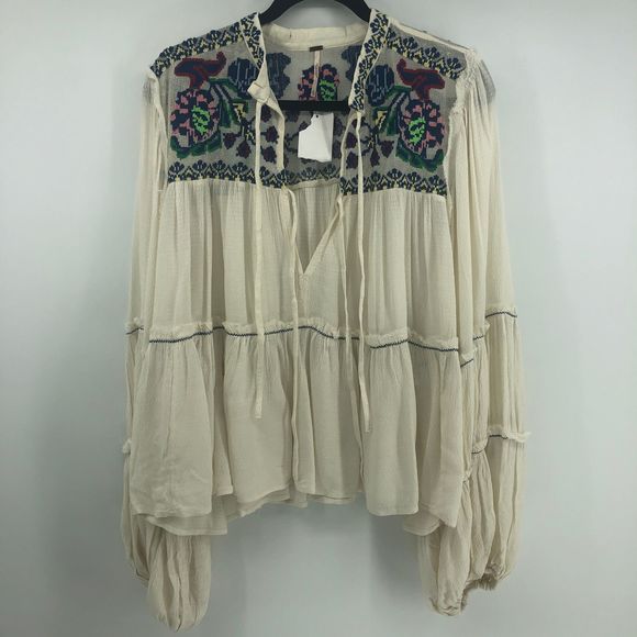 Free People Cream Blouse with Vibrant Embroidery - Picture 4 of 12